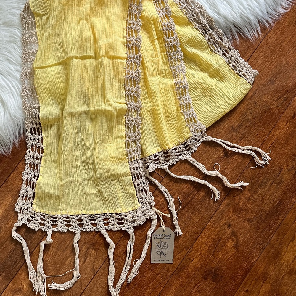 NWT Gauze Scarf with Crocheted Trim by Handmade Expressions in Yellow